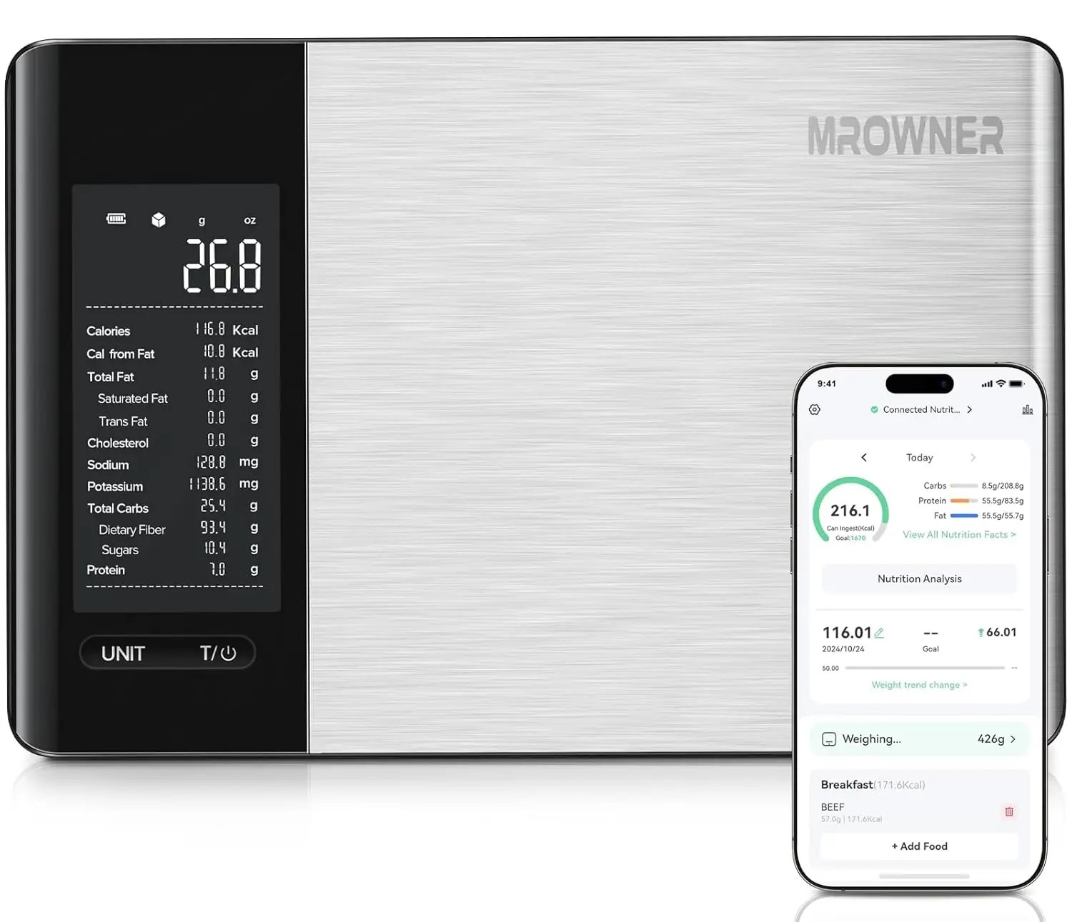 

Smart Kitchen Scale with Nutritional Tracking, Calorie & Macro Calculator, Digital Grams and Ounces Display, Stainless Steel