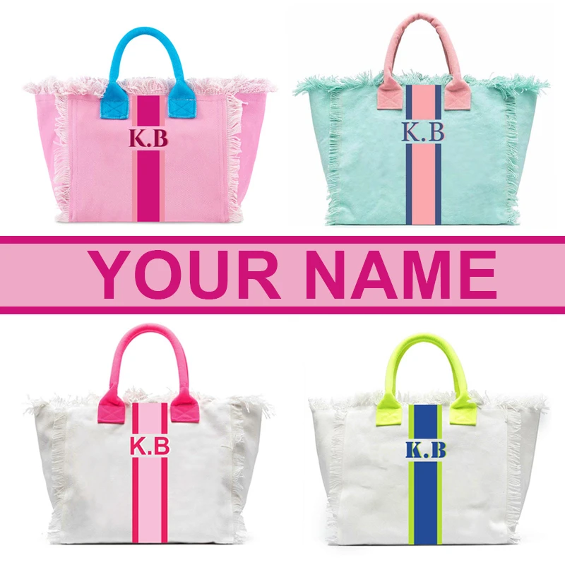 

Vertical Striped American Style Trends Stripe Printing Women Tassel Handbag Customizable Letters Canvas Tote Beach Bag