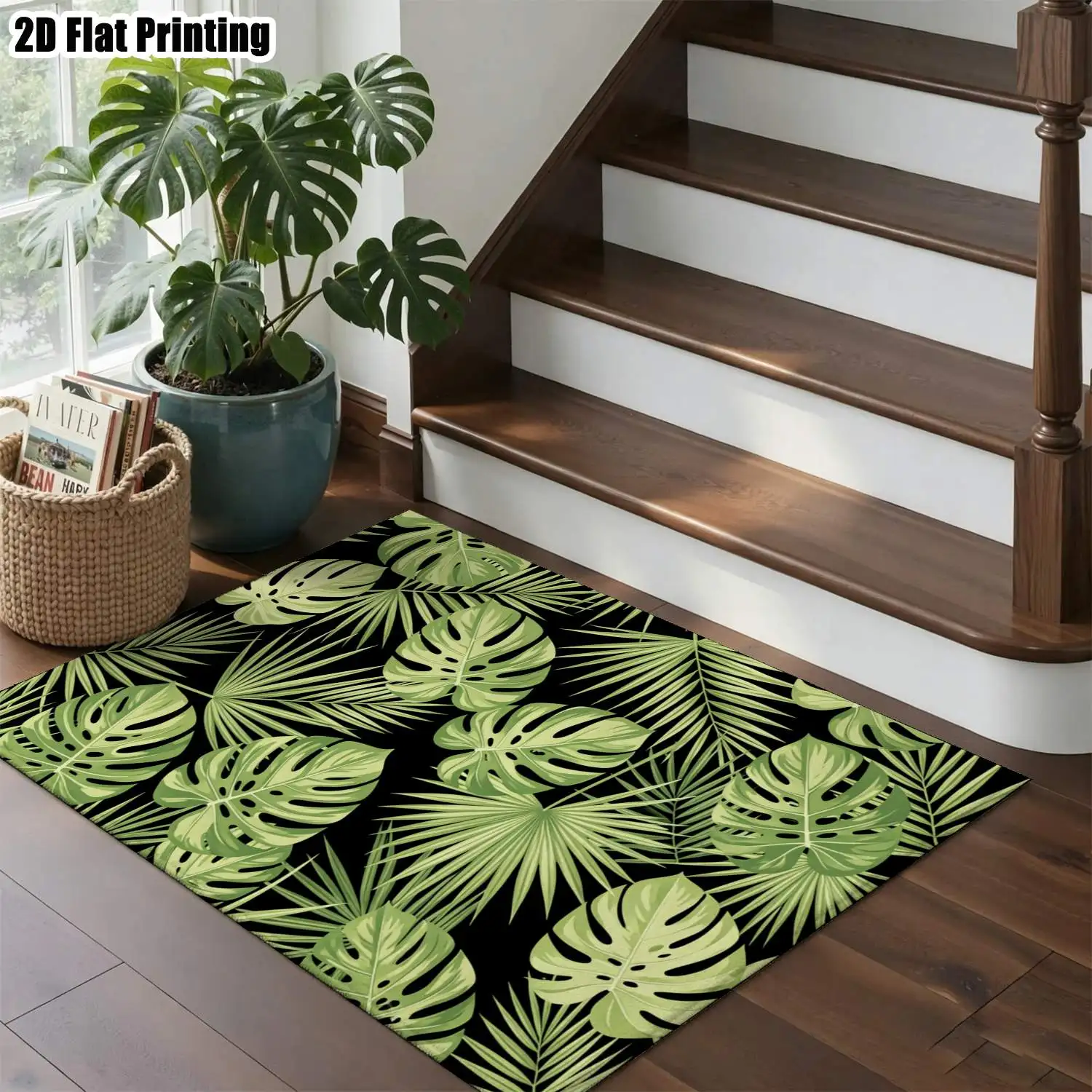 1Pc 2D Printed Light Green Tropical Palm Leaf Nordic/Instagram Style Minimalist Carpet, Machine Washable, Multi-Size, Suitable for Home Decor, Multi-Scene Floor Mat