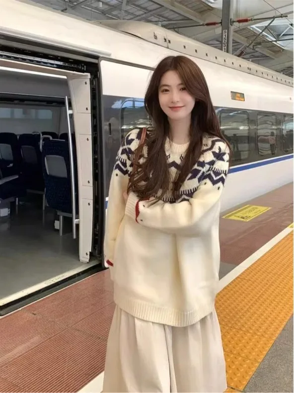 

Soft Cozy Fair Isle Knit Sweater Women's Autumn Winter Cisas New Year's Outfit Top Loose Fit Long Sve round Ne