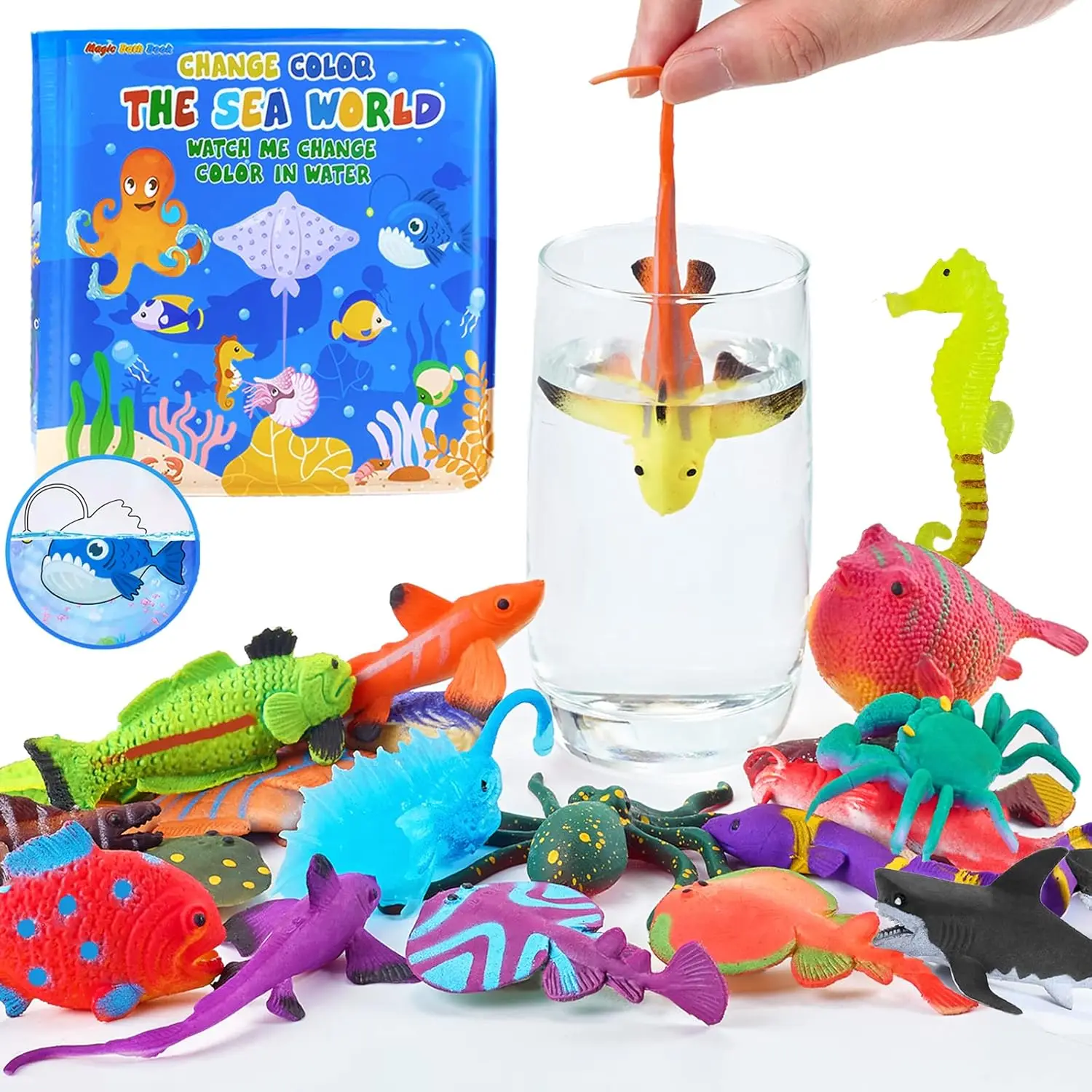 

Color Changing Bath Toys, Sea Creatures Rubber Fish with Glow in The Dark Ocean Animals and Bath Book for Toddlers