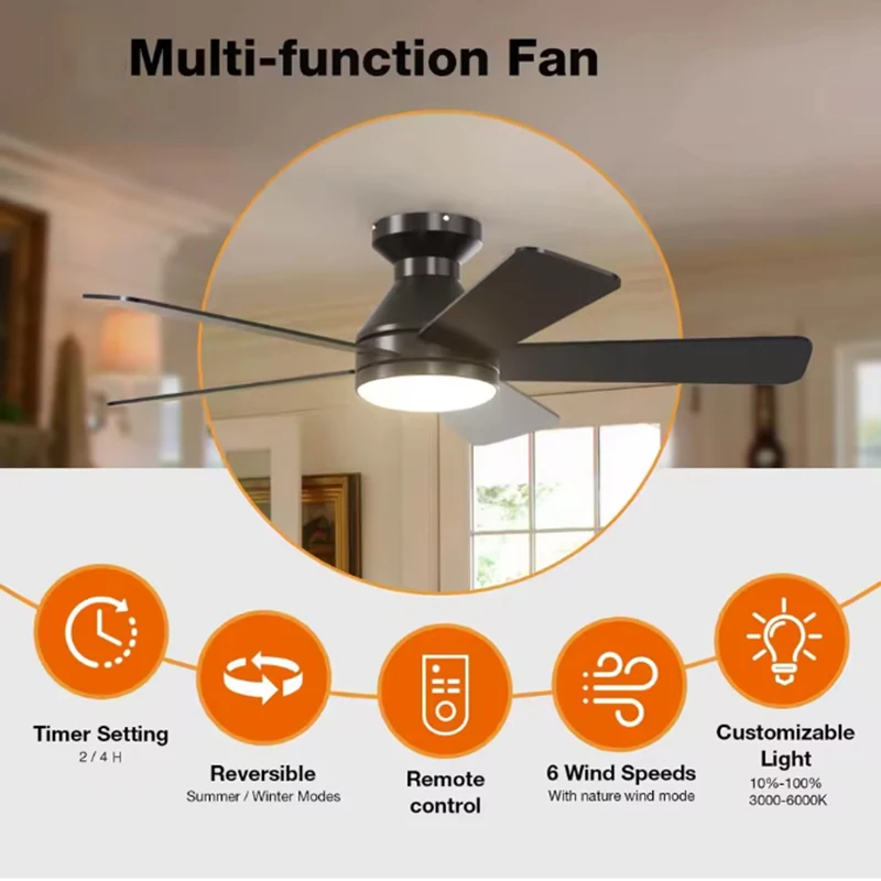42/52 Inch LED Ceiling Fan Lamp White Black DC Motor Reversible Fan Remote Control 6-Speed Ceiling Fan Light for Living Room