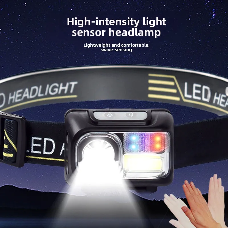 LED Light Modes Headlamp Red and Blue Warning Lights Motion Sensor Usb Rechargeable HeadLight Head Torch Flashlight Head Light