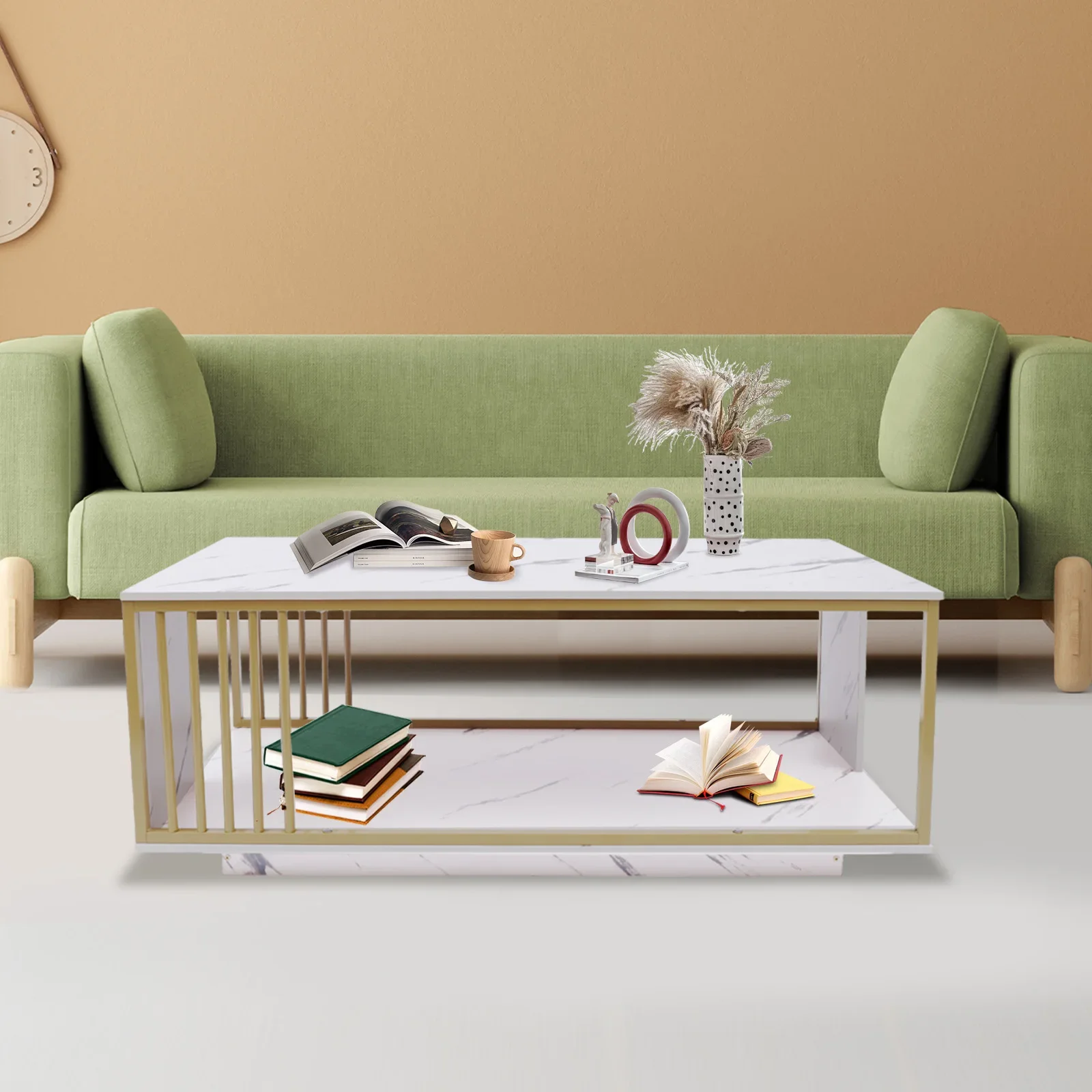 

Modern White GOLD Coffee Table High Gloss Marble Veneer Rectangle Living Room