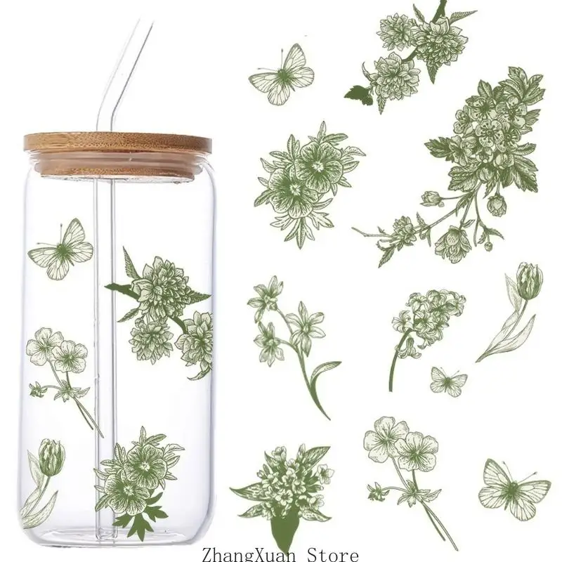 Green Flower DTF Adhesive Decal For DIY Clear Glasswares Cup Wraps Sticker 3XUF