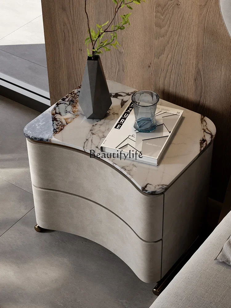 Italian minimalist walnut bedside table modern light luxury natural marble