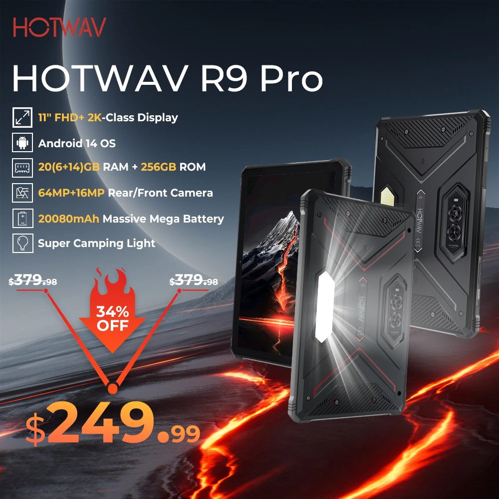 HOTWAV R9 Pro Rugged Tablet 11'' FHD+ 2K Display 20080mAh Massive Battery Pad Android 14 6GB 256GB Camera Global 4G Tablet PC