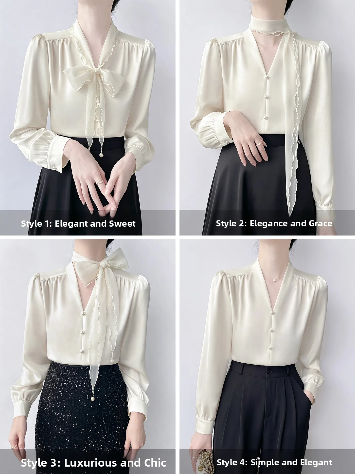 Korean Style V-Neck Long Sleeve Shirt Women's Fashionable Detachable Sash Design Spring Autumn Season Polyester Fiber Blouse