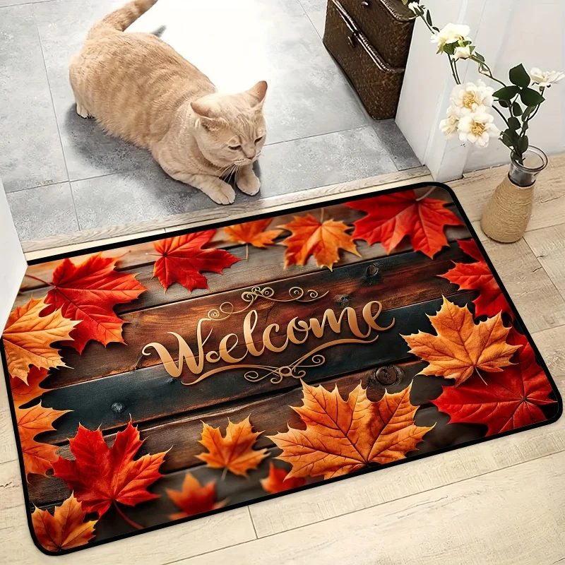 Welcome Maple Leaf Wooden Board Doormat, Fall Autumn Leaf Print Front Door Mat, Seasonal Entryway Decor Rug