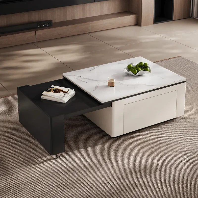 Retractable Coffee Table Set Solid Wood Rock Board Movable Folding Living Room Furniture Modern High End Home Decor