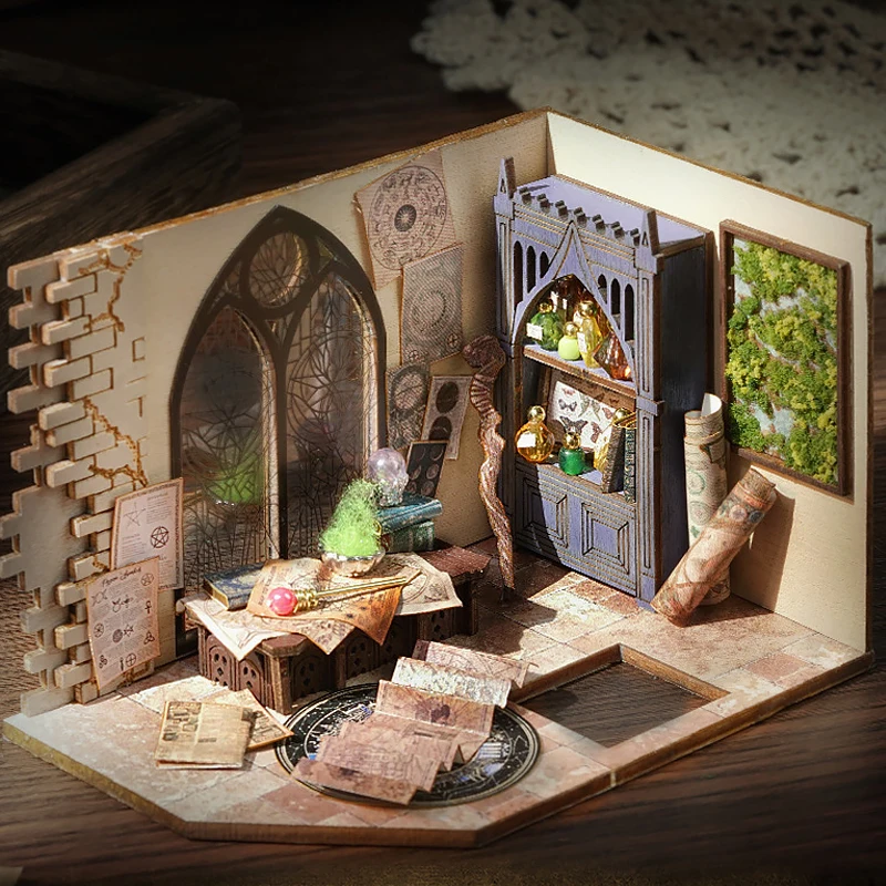 Zuuton DIY Miniature Magic Doll House Kit Wooden Gothic Clock Tower Building Model with LED Light Creative Gift for Home Decor