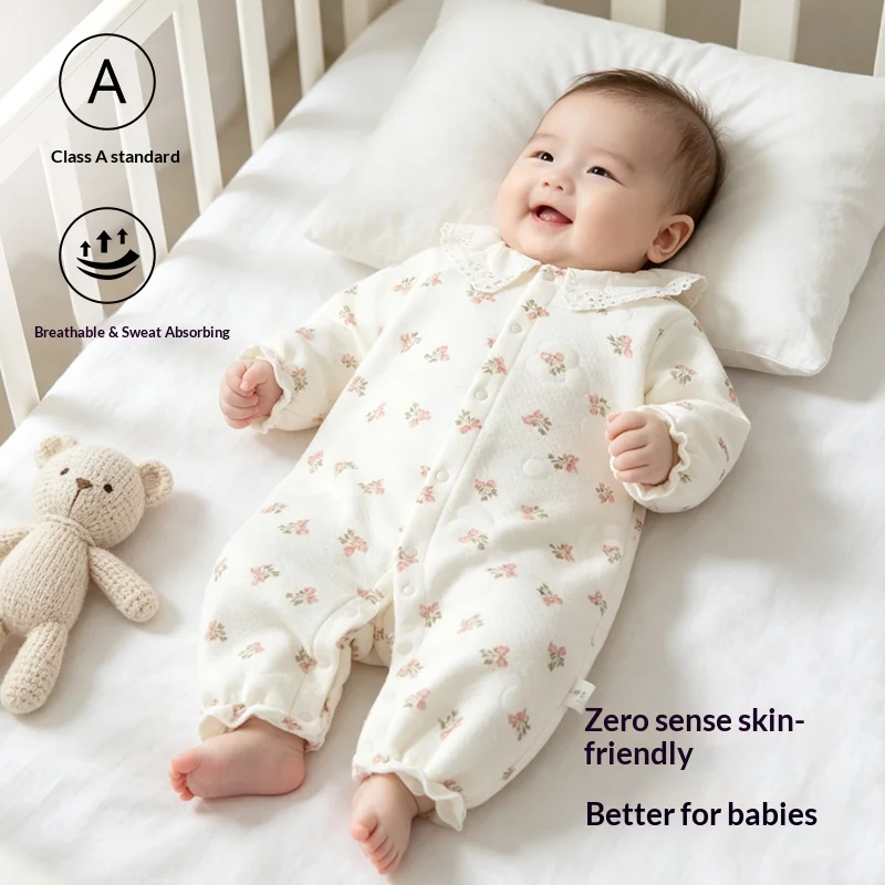 Baby Thin Cotton Thermal Jumpsuit, Autumn Winter Home Long‑Sleeve Romper for Newborns