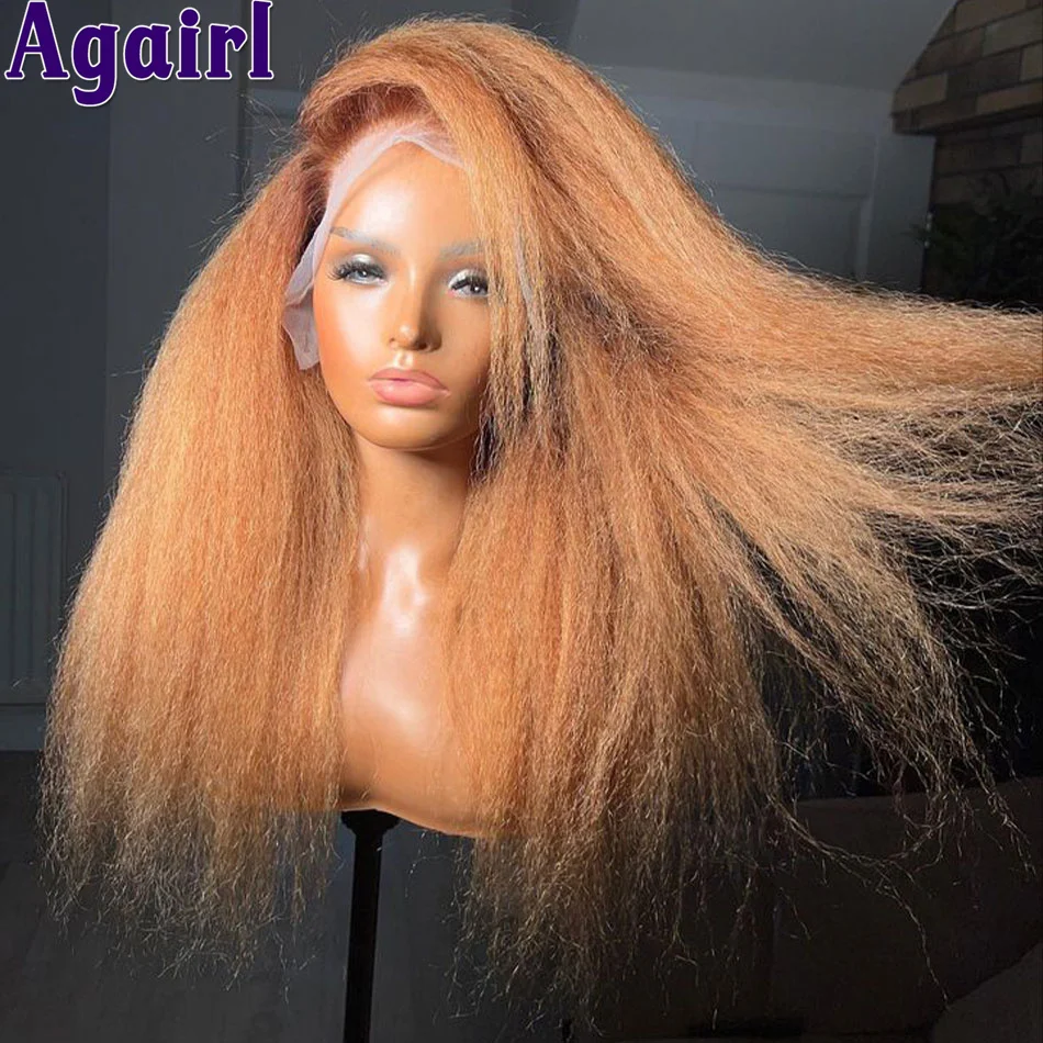 200% Orange Brown Yaki Kinky Straight Human Hair Wigs 13x4 13x6 Lace Frontal Wig Pre Plucked Ready To Go 6x4 Lace Wigs for Women