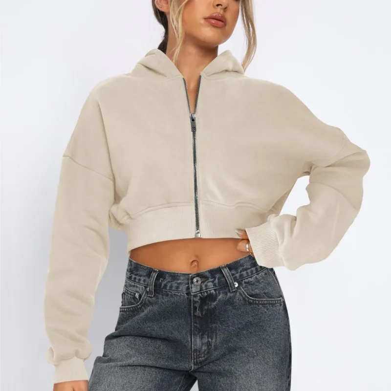 

Solid Color Hooded Sweatshirt Autumn Winter Women Casual Comfortable Hooded Long Sleeved Zipper Short Jacket Sudaderas De Mujer