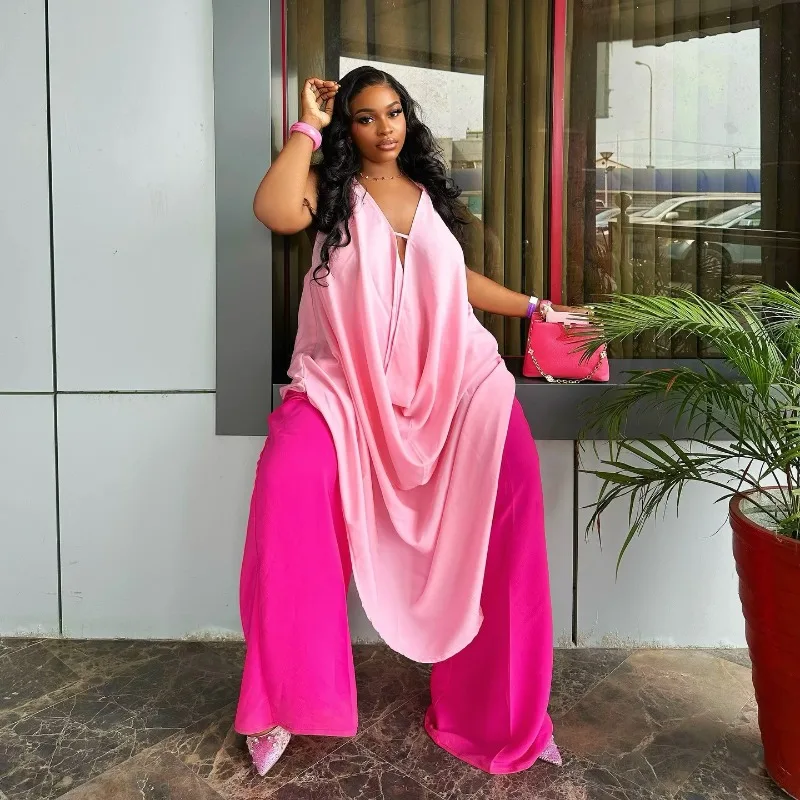 

Elegant Satin 2 Piece Set for Women Solid Front Draped Halter Top + Oversized Wide Leg Pants Ceremony & Evening Occasion Outfit