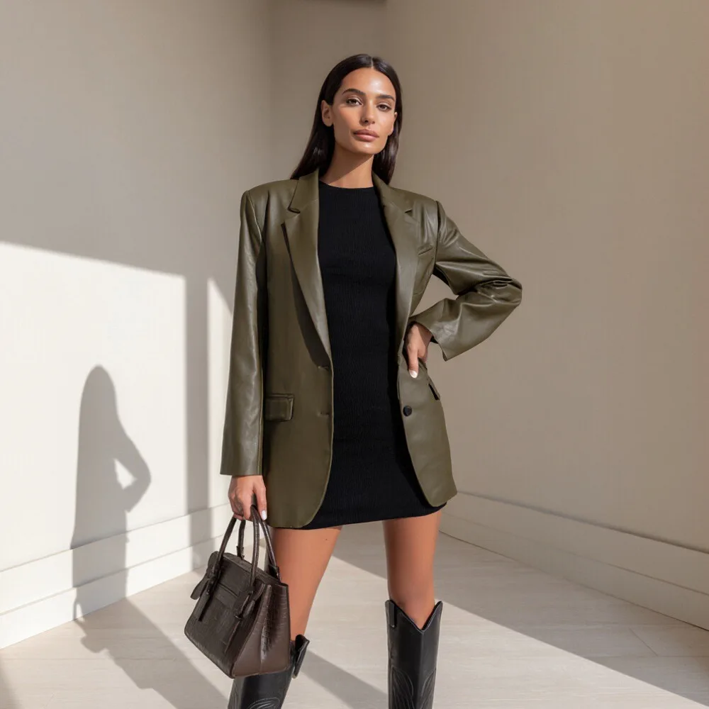 

Повседневное кожаное пальто для женщин, весна-осень, модная верхняя одежда без украшений, стильная и элегантная женская куртка