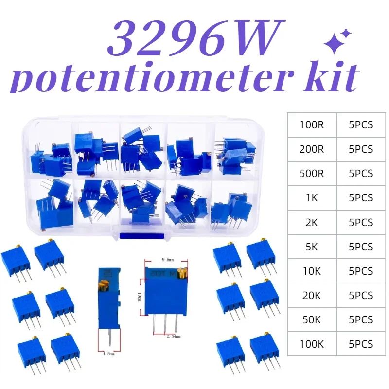 10 Kinds of 50pcs 3296W Multi-turn Precision Adjustable Resistor Trimmer Potentiometer ESC Kit 100R 200R 500R 1K 2K 5K 10K 20K 5