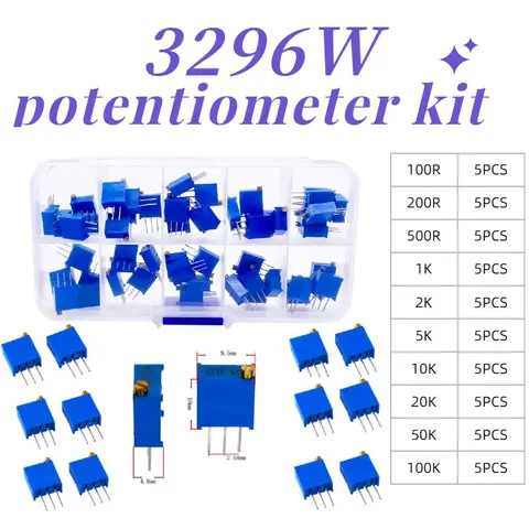 10 kinds of 50pcs 3296W multi-turn precision adjustable resistor trimmer potentiometer ESC kit 100R 200R 500R 1K 2K 5K 10K 20K 5