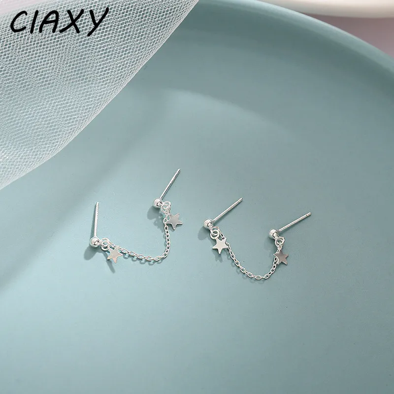 CIAXY Silver Color Star Stud Earrings for Women Romantic Tassel Ear Chain Double Pierced Earring  Jewelry Gifts