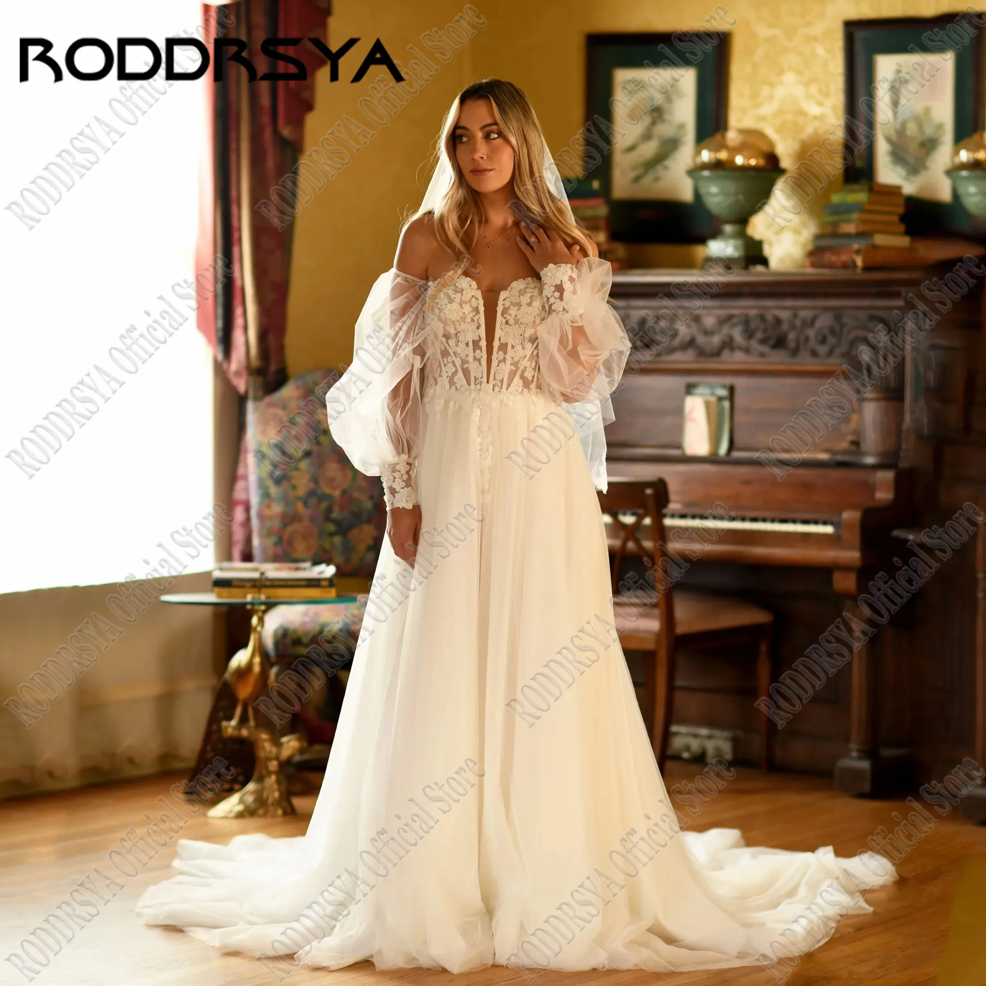 RODDRSYA Beach Strapless Lace Wedding Dess Detachable Sleeve A line Applique Bride Gowns vestidos de novia boda Customized