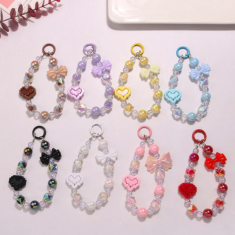 Acrylic Color-Plated Heart Keychain Cute Flower Beaded Keyring Bag Pendant Charms Earphone Case Decoration Accessories