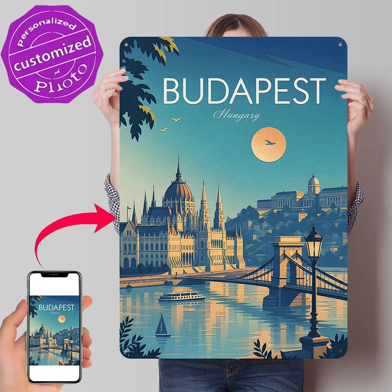 Budapest Hungary Travel Personalized 3D Textured Metal Poster Wall Art Vintage Tin Signs for Living Room Decoration Items Decor