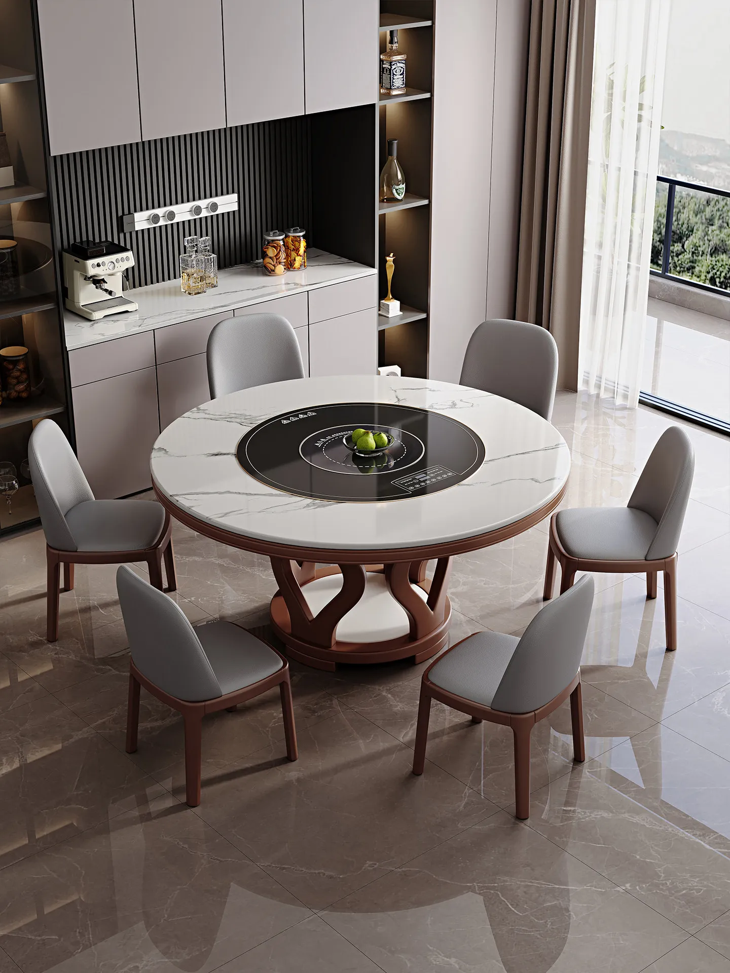 fu-Slate Round Modern Dining Table Built-in Rotating Plate Invisible Induction Cooker Electric Warming Plate Home Use!