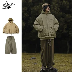 Harajuku Warm Set Men Fake Two Pieces Thickened Hooded Parkas+Retro Wide-legged Loose Casual Pants Cargo Two-piece Set Unisex