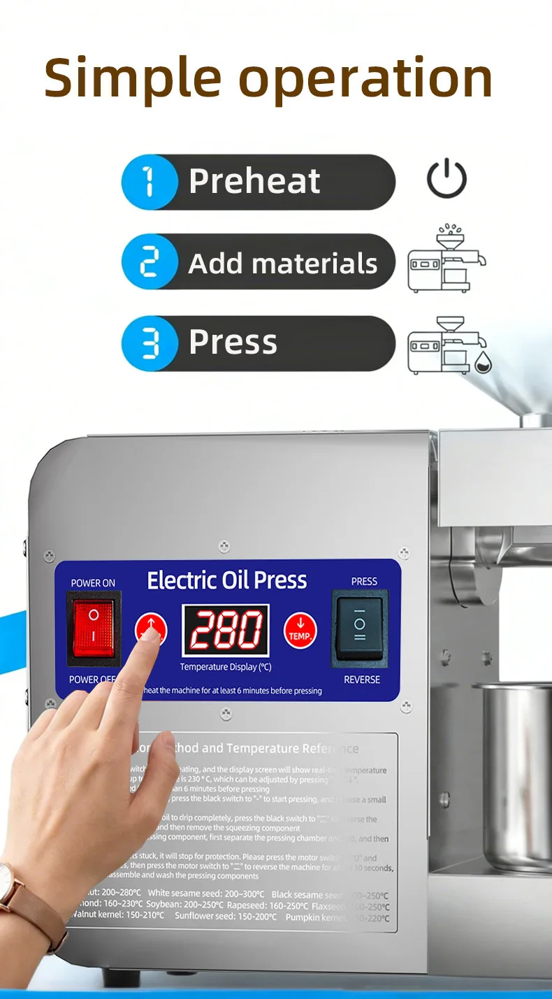 Upgraded Oil Press Machine with Smart Temperature Control, Stainless Steel Home Oil Extractor for Peanut Sesame, Small Commercia