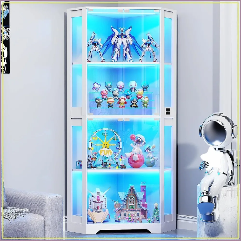 BROTTAR Lighted Corner Display Cabinet with Glass Doors for Collectibles