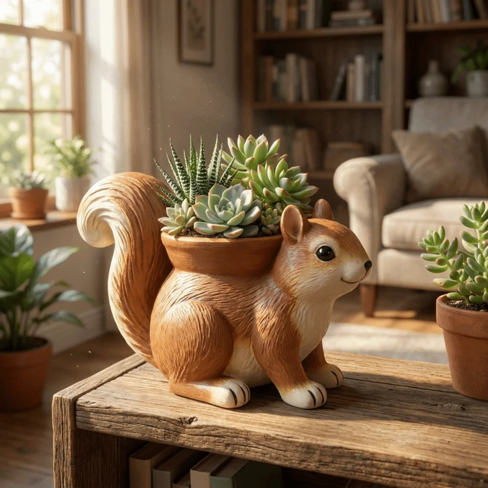 Resin Squirrel Succulent Flowerpot Handmade Squirrel Ornament Animal Flowerpot Cute Pen Holder Home