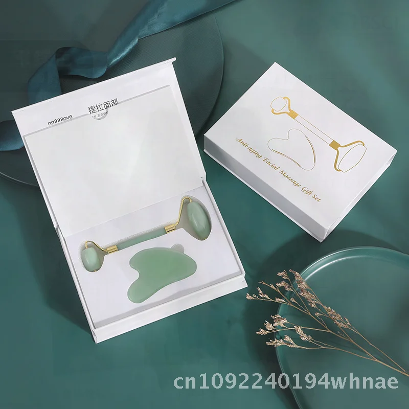 Jade Roller Set for Facial Massage Metal Manual Beauty Massager with Gift Box Emerald Green Jet Black Off-White Pink Transparent