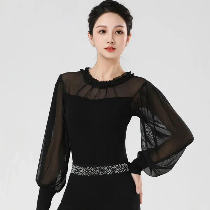 Abbigliamento da ballo da donna latino sexy top in rete maniche lunghe tuta da ballo sala da ballo valzer della pancia linea classica nuovi pantaloni con strass