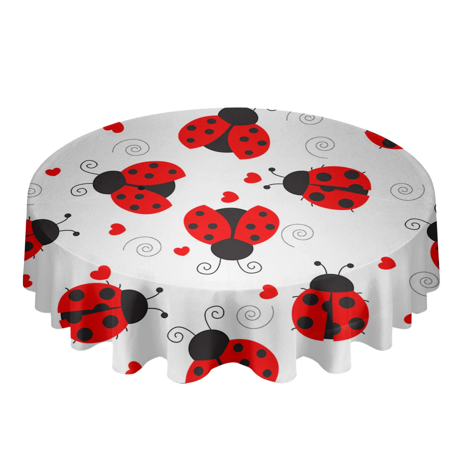 Ladybug Love Heart Dotted Texture Round Waterproof Tablecloth Home Decorative Table Cover Party Wedding Dining Room Table Cloth