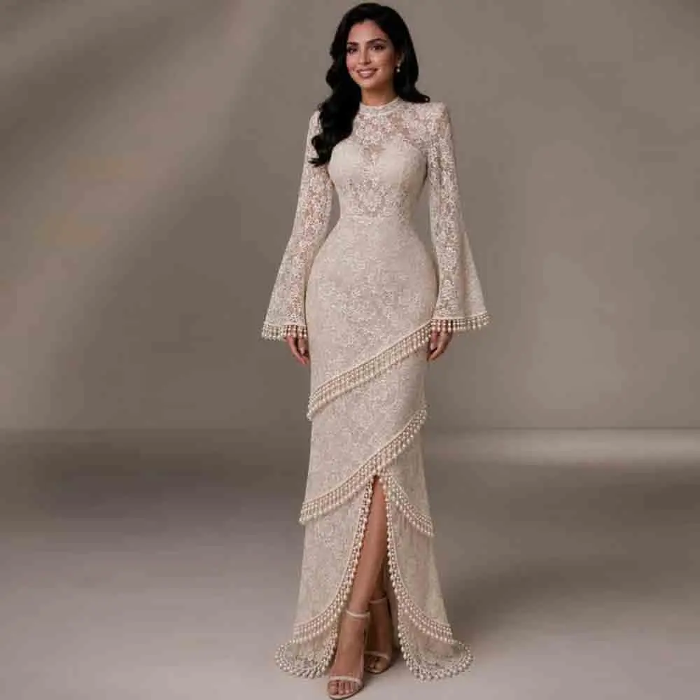 Vestido de Noche Personalizado de Encaje Floral Estilo Sirena con Cuello Alto, Manga Larga Campana, Borlas de Perlas y Flecos, Vestido Formal para Invitadas de Boda y Fiestas