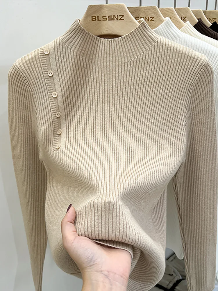 

Women Pullover Sweater Long SLeeve Top Mock Neck Slim Button Basic Knitwear Sweaters Knitted Clothes Autumn Winter Pull Femme