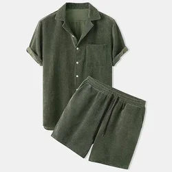 Conjunto de camisas e shorts de manga curta masculino, terno de veludo sólido, streetwear casual, roupas de luxo, novo, primavera, verão, 2 peças