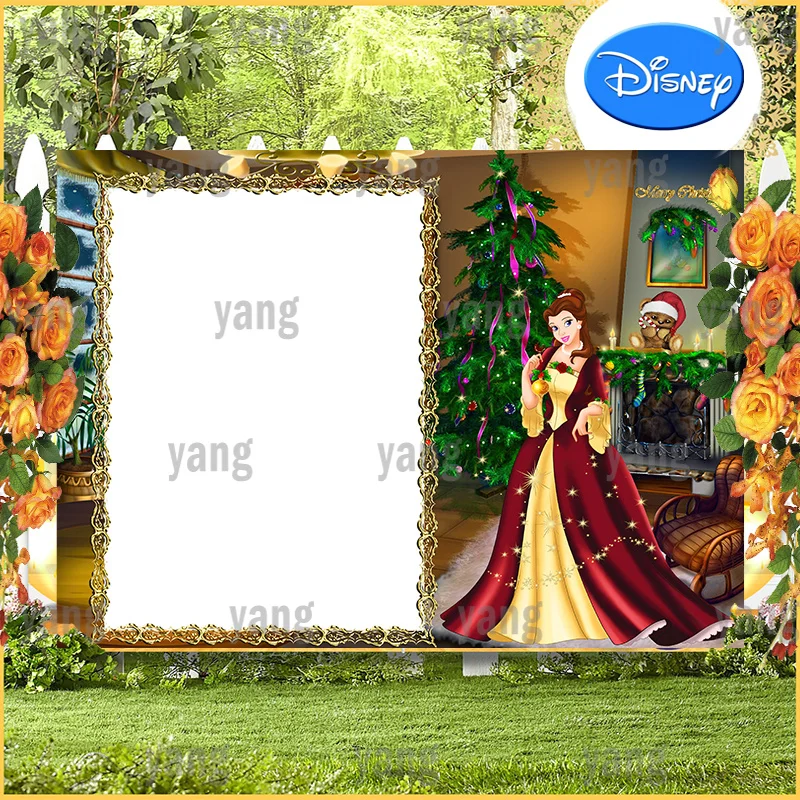 

Lovely Romantic Photo Backdrop Disney Princess Beauty and the Beast Belle Merry Christmas Party Xmas Tree Backgrounds Decoration