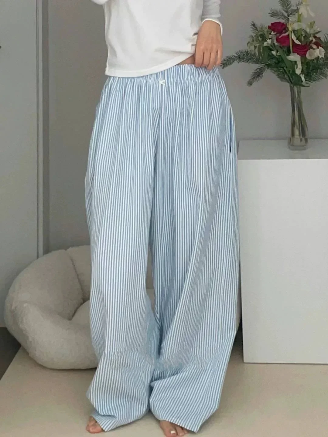 Losse katoenen wijde pijpen broek dames zomer nieuwe elastische taille losse vloerlange broek casual rechte lange broek