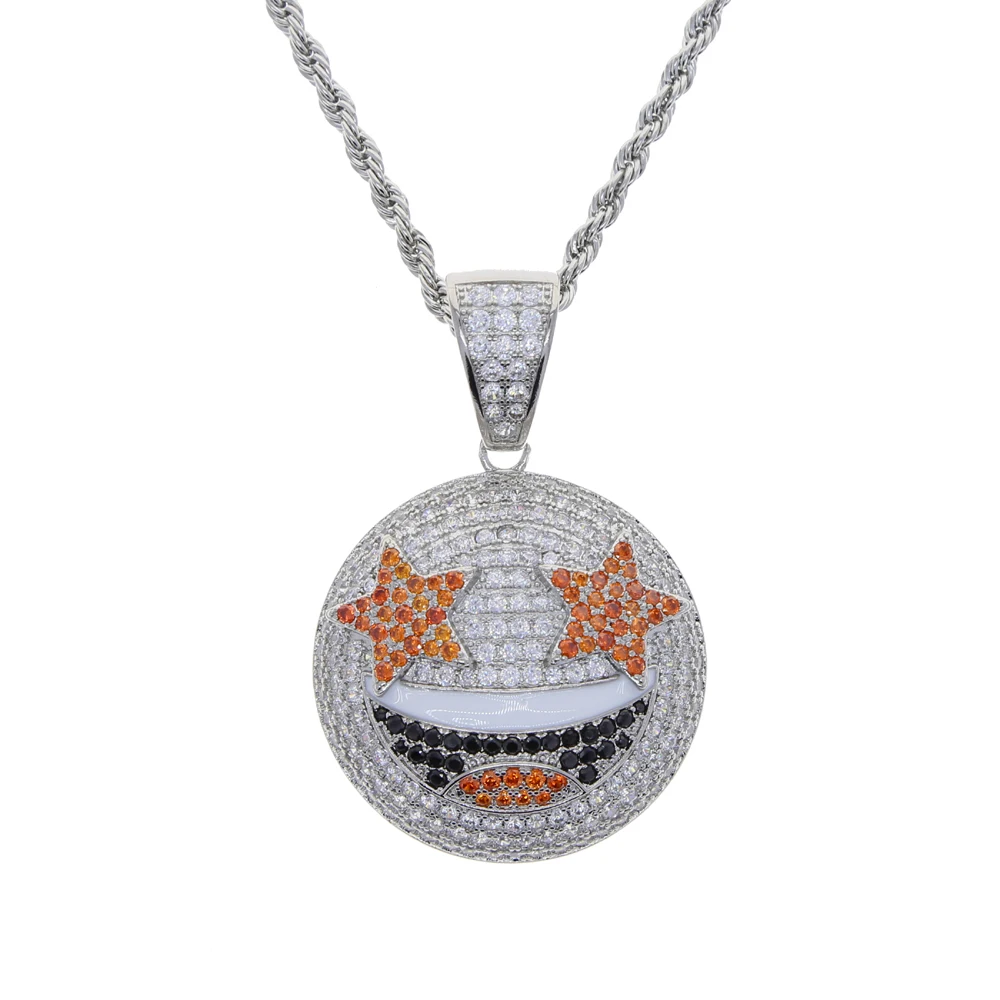 New Iced Out Bling Star Eye Smile Face Pendant Necklace Silver Color Zircon 5mm Tennis Chain Women Men Hip Hop Fashion Jewelry