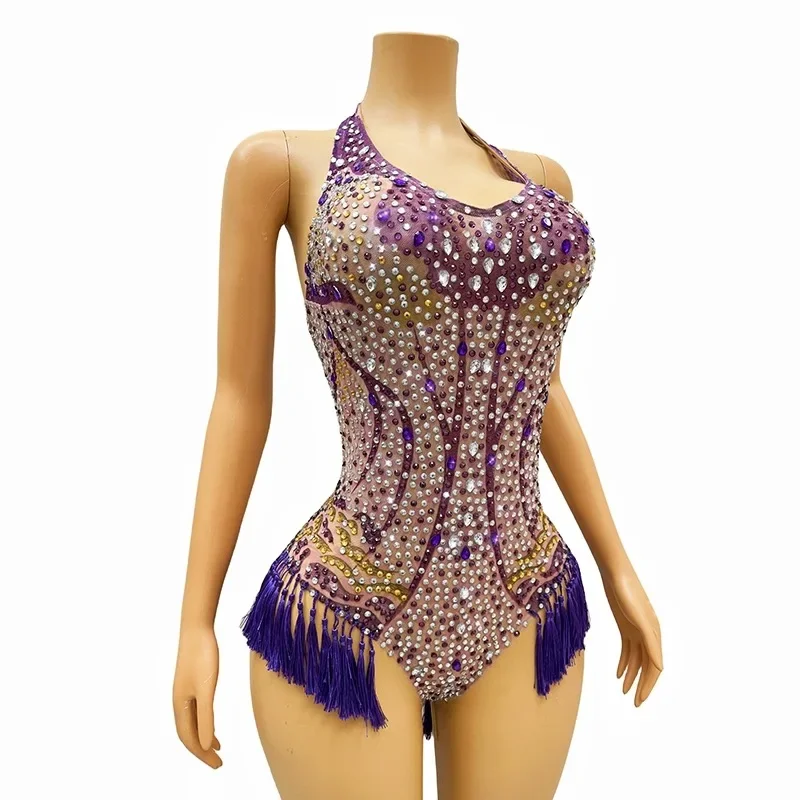 Purple Tassels Diamonds Sexy Halter Backless Sheath Bodysuit Evening Party Celebrate Costume Dancer Prom Nightclub Stage Wear