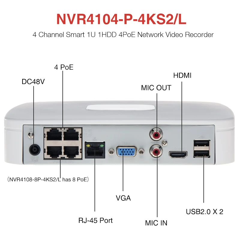 Dahua NVR4104-P-4KS3 4CH 4PoE NVR4108-8P-4KS3 8CH 8PoE Smart CCTV Camera Systems Lite Network Video Recorder NVR Face Detection