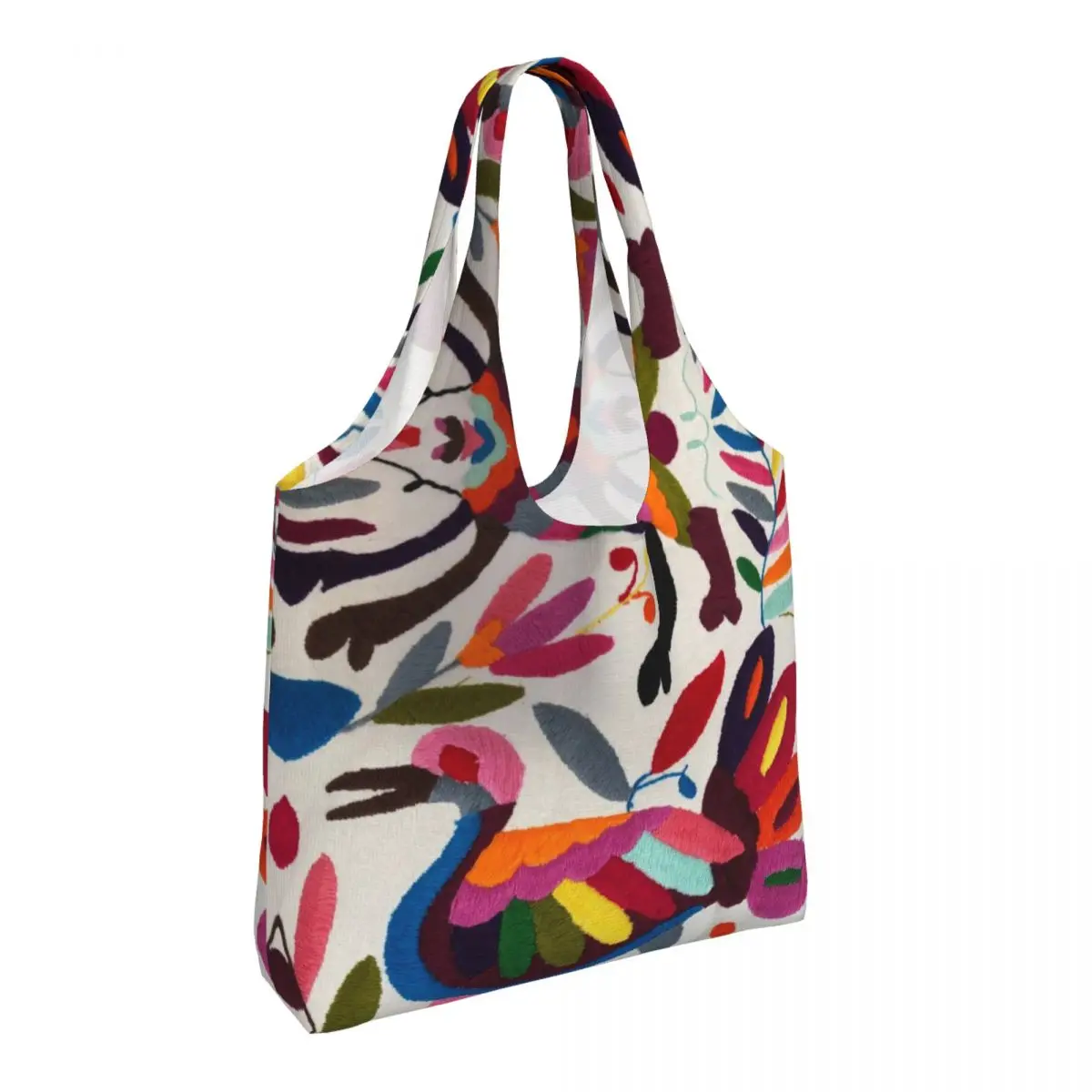 Custom Mexican Otomi Embroidery Grocery Tote Shopping Bag Floral Textile Canvas Shopper Shoulder Bag Big Capacity Handbags