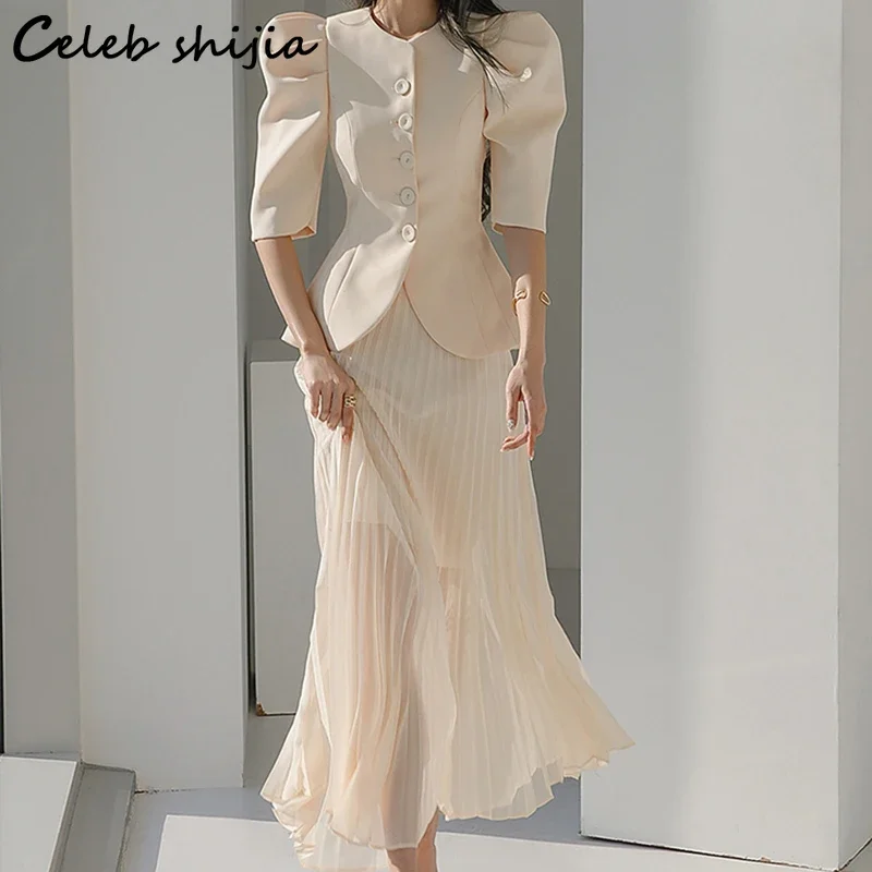 

Chic Apricot Blazer + Pleated Skirt Women Summer Elegant 2 Piece Set Business OL Vintage Skirts Sets Luxury Design