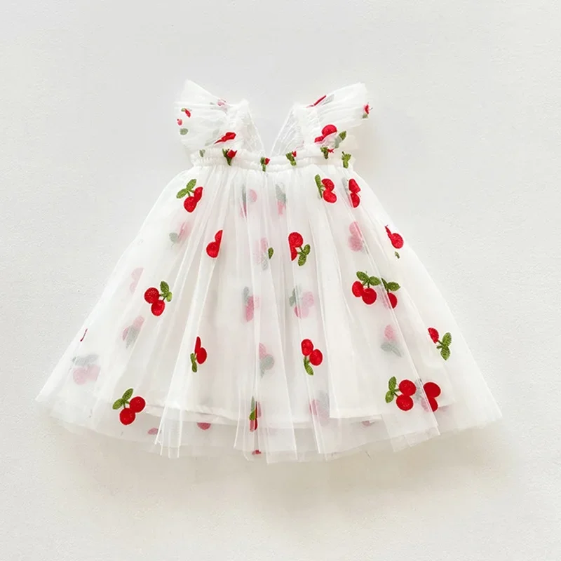 Summer New Girls Little Flying Sleeve Dress Children Cherry Embroidery Mesh Princess Dress Baby Girl Birthday Party Dress 1-5Yrs