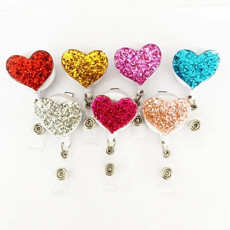 1Pcs Bling Love Heart Retractable Badge Holder Badge Clips for Nurse ID Badge Reel with Alligator Clip