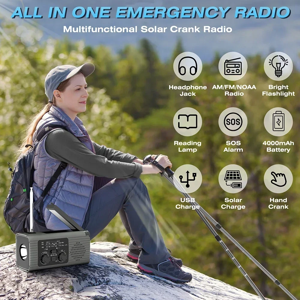 4000 mAh Portable Radio Outdoor Emergency Flashlight SOS Alarm Radio FM/AM Available Rechargeable Radio USB Solar Charging Radio