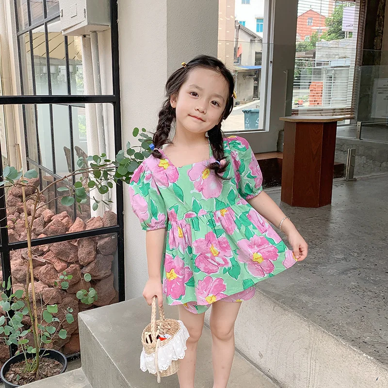 Girls Korean Sweet Set 2025 Summer Puff Sleeve Top + Bag Floral Shorts 2 Piece Playtime Outfit for Toddler Kids