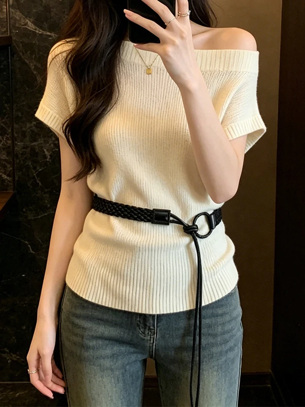 

Slimming Color Knitted T-Shirt Shoulder Baring Waist Cinching Short Sleeve Summer Fashion for plus Size Women