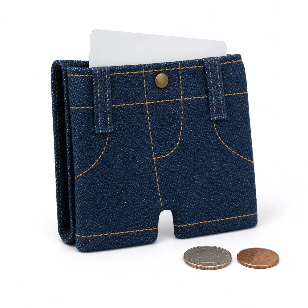 Durable Foldable Denim Shorts Wallet Snap Button Compact Folding Card Holder Denim Jeans Shaped Wallet Storage Compartment